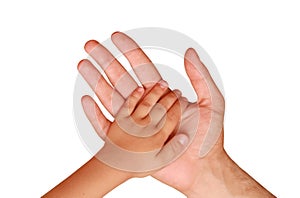 Hand of the child in a man`s hand