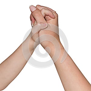 Hand of child and woman holding together isolated on white