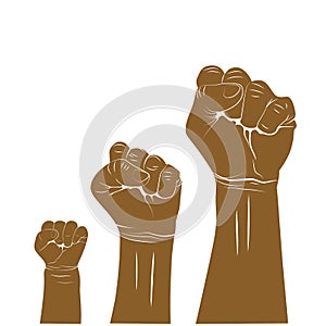 Hand of child, woman and man clenched into a fist. Figth for your rights. Vector