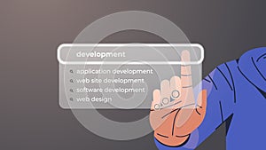 hand choosing development in search bar on virtual screen web site application development internet networking