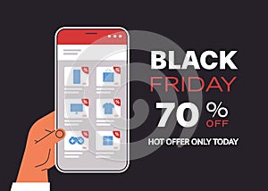 Hand choosing goods on smartphone screen online shopping black friday sale holiday discounts e-commerce