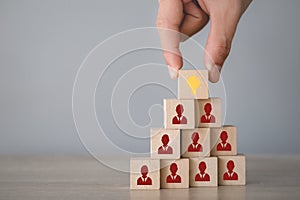 Hand choosing wood cube with icon light bulb and human symbol,creative idea