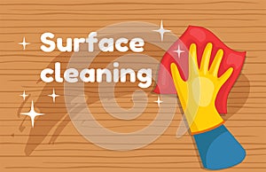 Hand clean table by wipe. Wooden desk surface cleaning. House hygiene cloth equipment. Home cleanup. Detergent spray