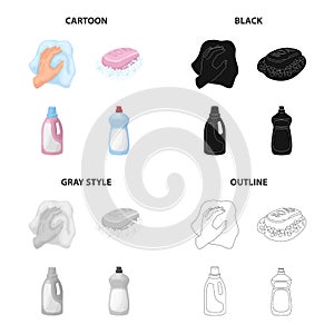 A hand with a cleaning cloth, soap and foam, a detergent, a bottle of whiteness. Cleaning set collection icons in