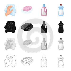 A hand with a cleaning cloth, soap and foam, a detergent, a bottle of whiteness. Cleaning set collection icons in photo