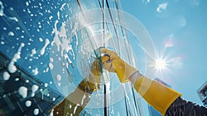 The hand cleaning glass window. AI generated