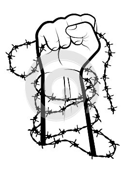 Hand clenched into fist in barbed wire loops. Combating injustice and discrimination. Illegally convicted prisoners of prisons and