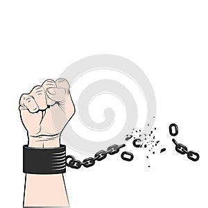 Hand clenched into fist with tearing chain or fetter. Symbol of revolution and freedom. Freedom concept. Vector