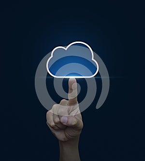 Hand click on cloud icon with copy space on blue background, Cloud computing concept