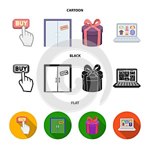 Hand, click, elevator, gift, box, door, online store and other equipment. E commerce set collection icons in cartoon