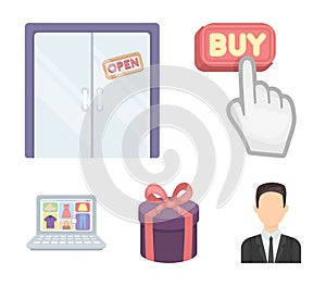 Hand, click, elevator, gift, box, door, online store and other equipment. E commerce set collection icons in cartoon