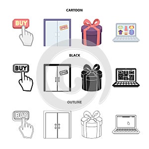 Hand, click, elevator, gift, box, door, online store and other equipment. E commerce set collection icons in cartoon