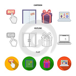 Hand, click, elevator, gift, box, door, online store and other equipment. E commerce set collection icons in cartoon