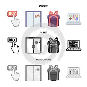 Hand, click, elevator, gift, box, door, online store and other equipment. E commerce set collection icons in cartoon