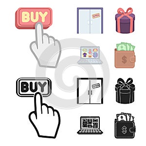 Hand, click, elevator, gift, box, door, online store and other equipment. E commerce set collection icons in cartoon