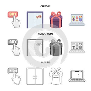 Hand, click, elevator, gift, box, door, online store and other equipment. E commerce set collection icons in cartoon