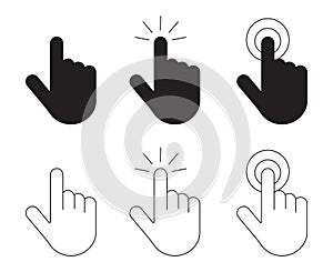 Hand click icons set. Clicking pointer hand vector symbols in outline style