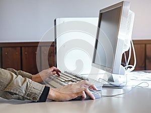 Hand click mouse type on Keyboard Computer desktop screen