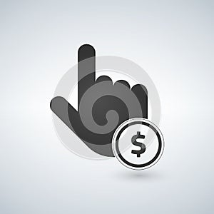 Hand Click simple icon. Currency exchange sign. Cursor pointer symbol. To pay or get money. Circle flat button with shadow. Vector