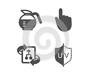 Hand click, Technical algorithm and Coffeepot icons. Uv protection sign. Vector