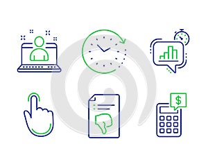 Hand click, Time change and Best manager icons set. Thumb down, Statistics timer and Calculator signs. Vector