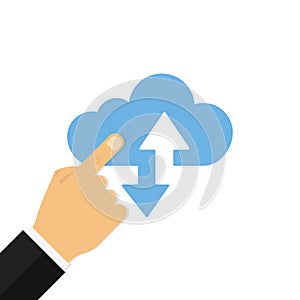 Hand clicking with finger blue cloud. Internet technology concept. Network or information design. Cloud sign. Isolated flat design