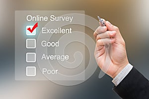 Hand clicking online survey on virtual screen