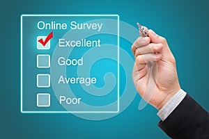 Hand clicking online survey on virtual screen