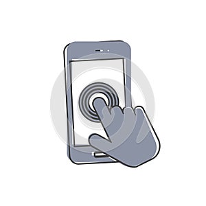 The hand clicks on the button smartphone. Cursor icon cartoon style on white isolated background