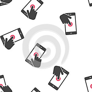 The hand clicks on the button smartphone. Cursor icon seamless pattern on a white background. Layers grouped for easy editing