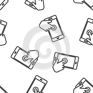 The hand clicks on the button smartphone. Cursor icon seamless pattern on a white background. Layers grouped for easy editing