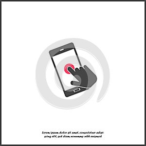 The hand clicks on the button smartphone. Cursor icon on white isolated background.  Layers grouped for easy editing illustration