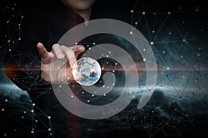 The hand clicks on the Globe in the outer space