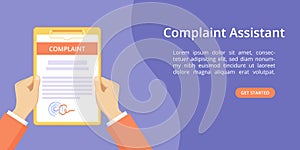 Hand on clipboard complaint assistant landing page