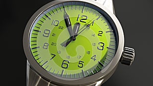 Hand clock, green dial. close-up. 4k 3d animation