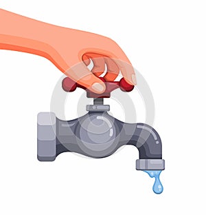 Hand close crane to saving water and ecological concept in cartoon illustraton  on white background