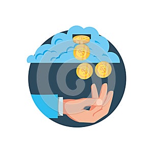 Hand with cloud computing and coins