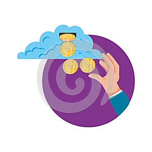 Hand with cloud computing and coins