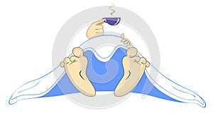 Hand with a coffee cup, blanket and naked feet illustration