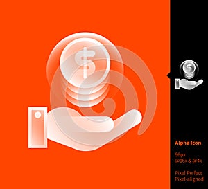 Hand and coin alpha icon - vector illustrations for branding, web design, presentation, logo, banners. Transparent gradient icon