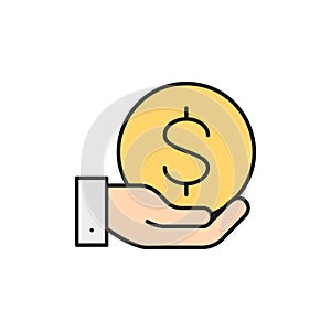 Hand with a coin color lineal icon. Finance, payment, invest finance symbol design.