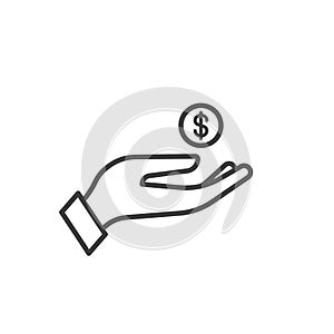 Hand with coin icon on white background