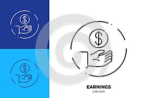 Hand with coin line art vector icon. Outline symbol of payment