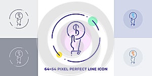 Hand with coin line art vector icon. Outline symbol of payment. Investment pictogram made of thin stroke