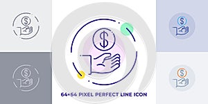 Hand with coin line art vector icon. Outline symbol of payment. Investment pictogram made of thin stroke