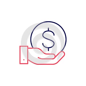 Hand with a coin outline color icon. Finance, payment, invest finance symbol design.