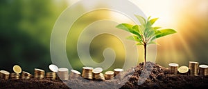 Hand Coin tree The tree grows on the pile. Saving money for the future. Investment Ideas and Business Growth