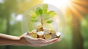 Hand Coin tree The tree grows on the pile. Saving money for the future. Investment Ideas and Business Growth