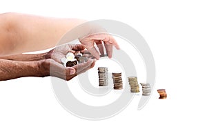 Hand with coin on a white background