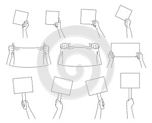 Hand collection. Hands holding signs, posters and blanks.  Vector